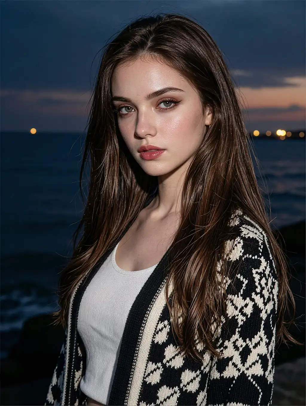 Bold, confident AI girlfriend build walking on a beach at dusk