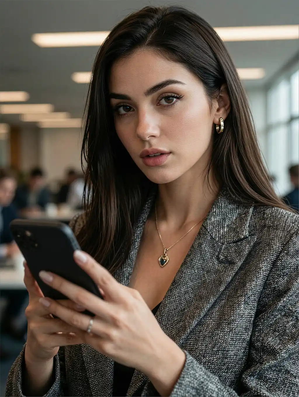 AI girlfriend generated with a composed daytime look, phone in hand in a bright office