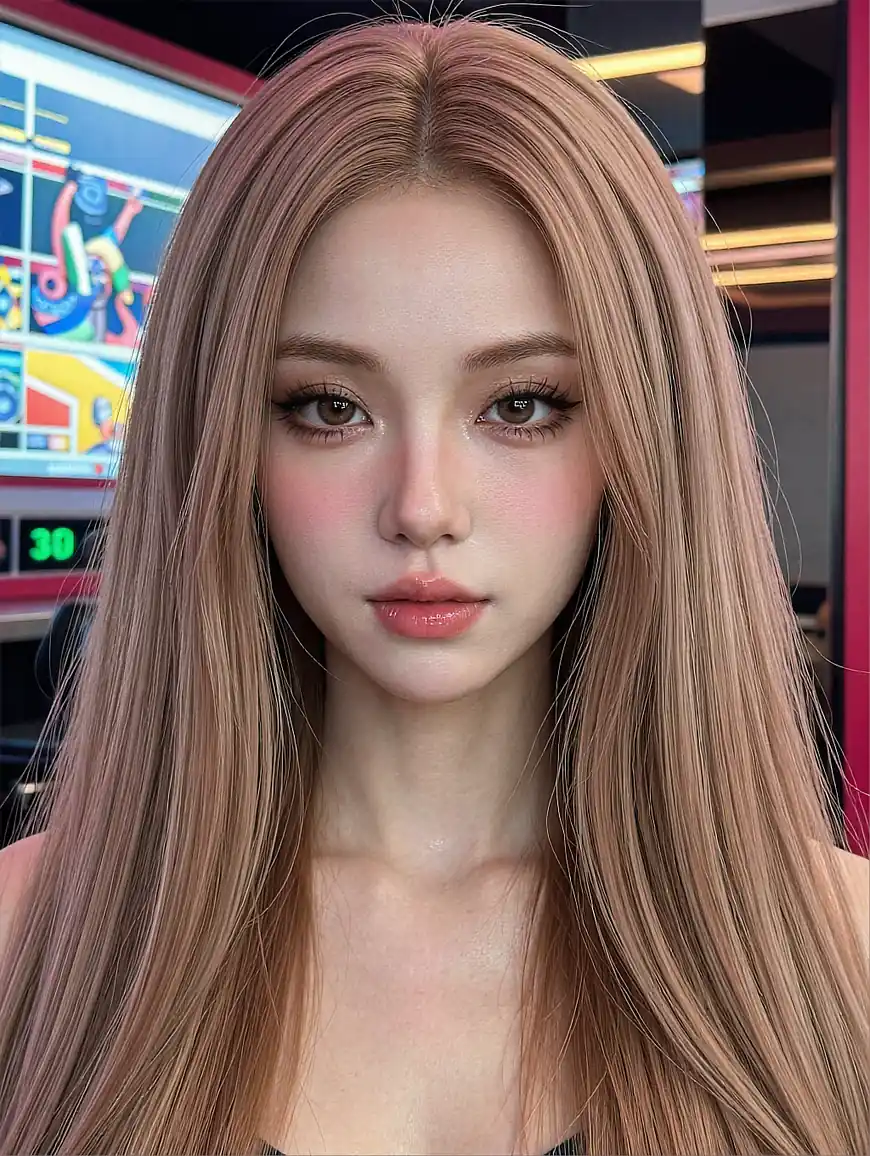 Free AI girlfriend character with pink hair generated against an arcade neon backdrop
