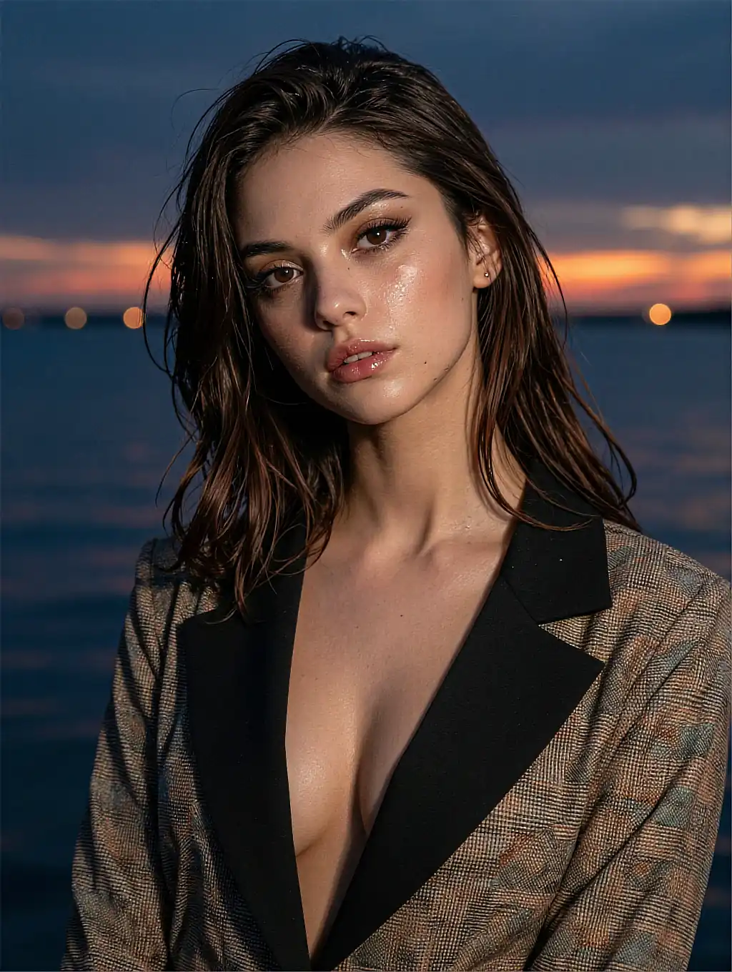 AI girlfriend character with a night-owl trait, photographed against an ocean sunset