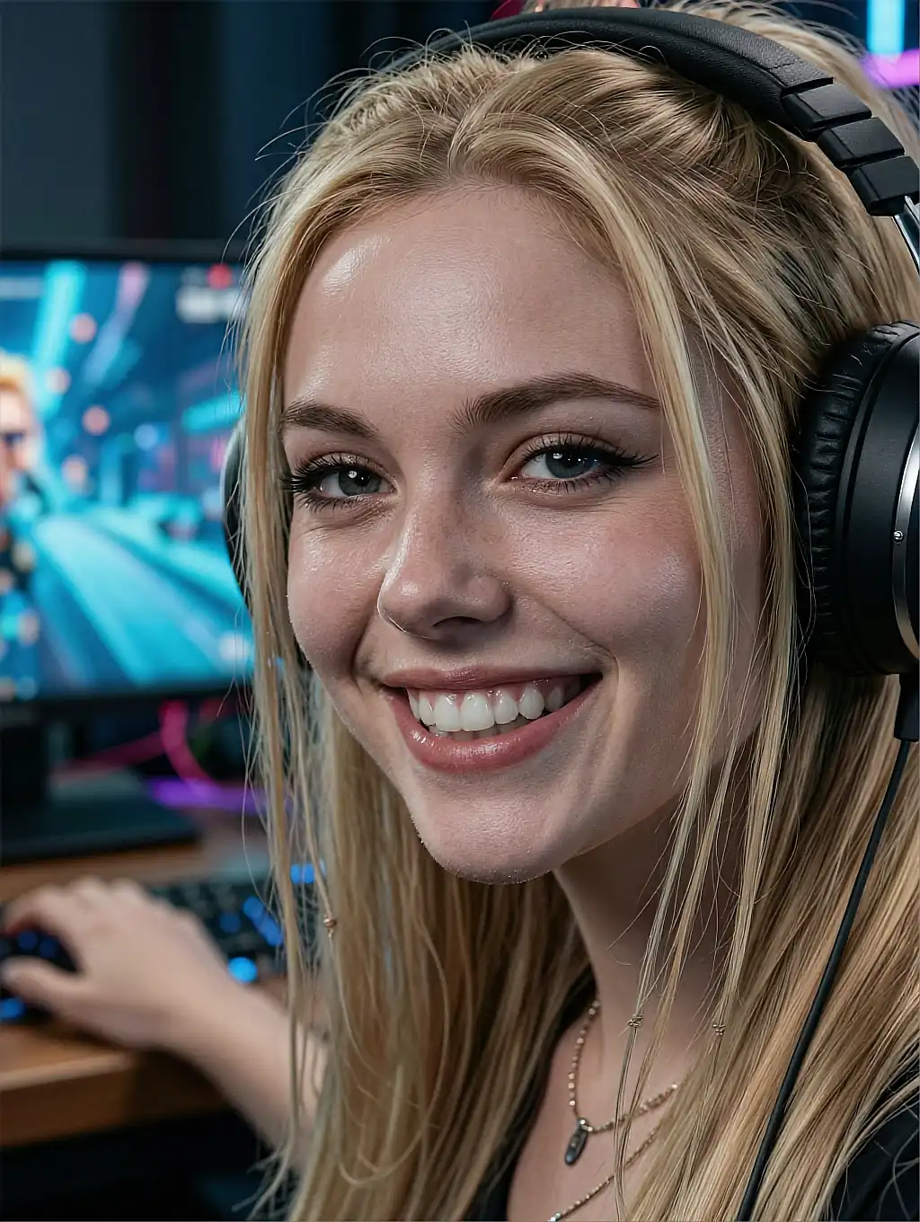 AI girlfriend generated with dry humour and a calm temperament, smiling at a desk